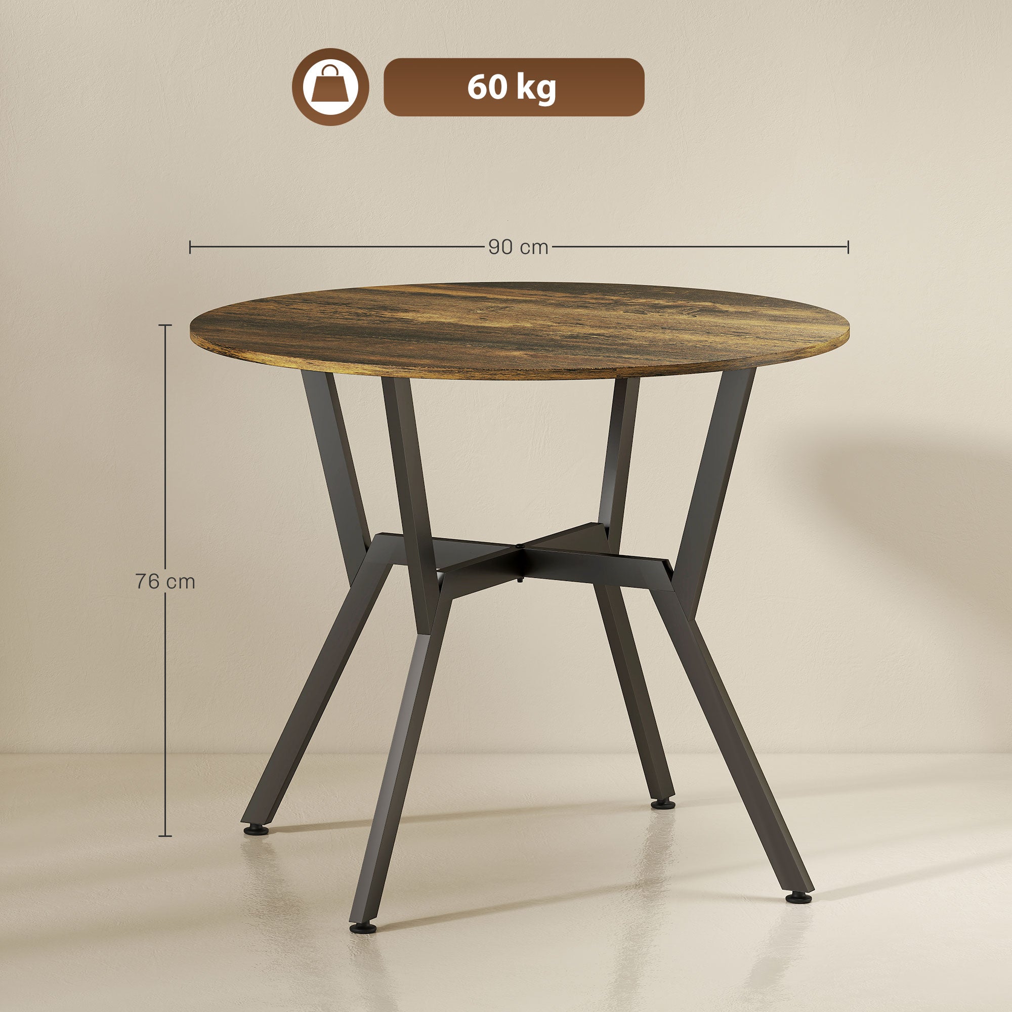 HOMCOM Dining Table, Round Kitchen Table with Black Legs, Anti-slip Foot Pads for Living Room, Dining Room 90 x 76 cm, Rustic Brown 