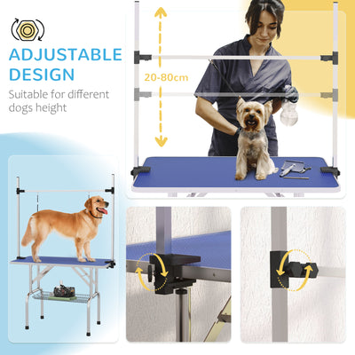 PawHut 42" Dog Grooming Table, Adjustable Pet Cat Drying Beauty Table with 2 Loops Storage Basket, Rubber Top, Blue 