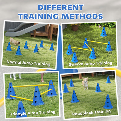 PawHut Dog Agility Equipment Set of Six Cones, Six Poles with Carry Bag, Three-Piece Adjustable Height Jumping Obstacles, Blue 