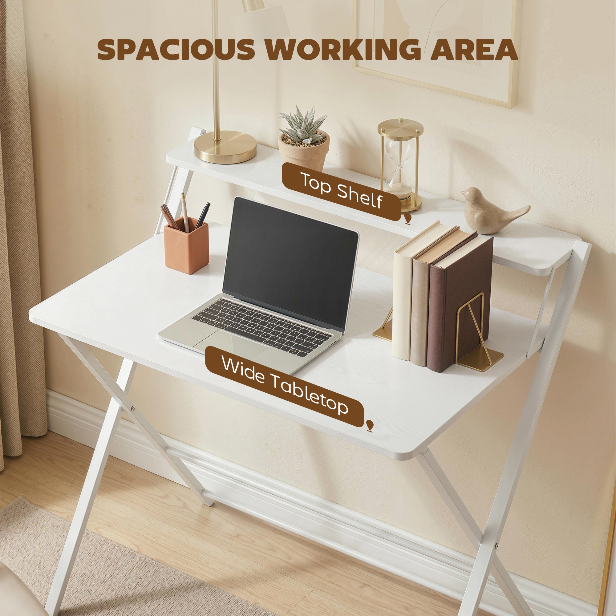 HOMCOM Compact Folding Desk for Small Spaces with Storage Shelf for Home Office, White 