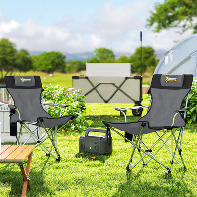 Outsunny Set of 2 Reclining Folding Camping Chair w/ Detachable Footrest, Storage Bag, Cup Holder & Headrest, Lightweight Portable Camp Chair for Beach, Picnic, Grey and Black 