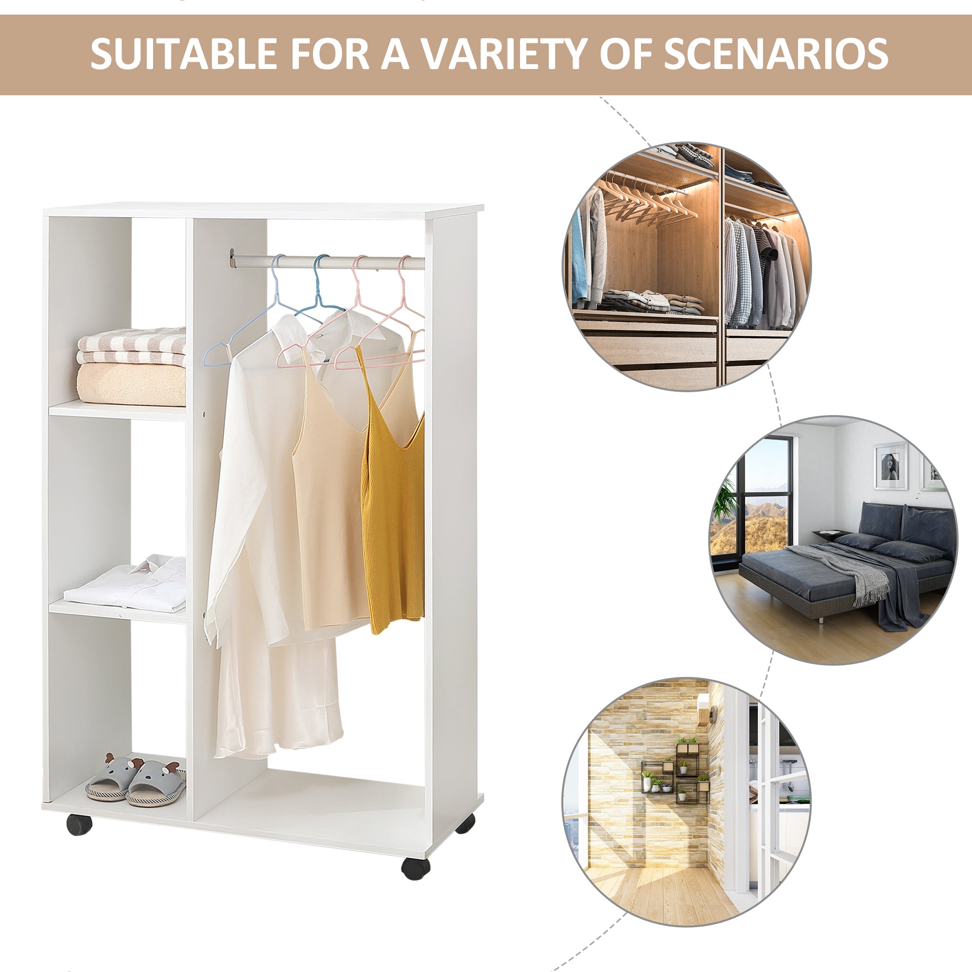 HOMCOM Open Wardrobe on Wheels, Bedroom Wardrobe with Clothes Hanging Rail, 3 Storage Shelves, Mobile Garment Rack for Cloakroom, Hallway, White 