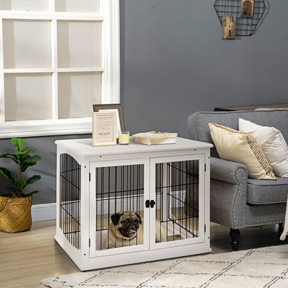 PawHut Dog Crate Furniture, Puppy Crate End Table, Pet Kennel House with 2 Doors for Medium and Small Dogs, 81 x 58.5 x 66 cm, White 