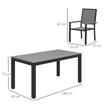 Outsunny 6 Seater Garden Dining Set with Stackable Chairs, Aluminium Frame, Rectangular Plastic Top, Garden Furniture Set, Outdoor Dining Table and Chairs for Patio, Balcony, Poolside, Grey 