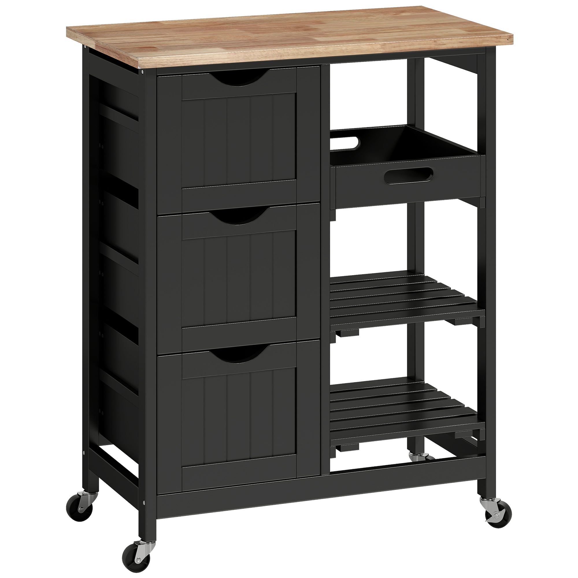 HOMCOM Rolling Kitchen Island Cart, Bar Serving Cart, Compact Trolley on Wheels with Wood Top, Shelves & Drawers for Home Dining Area, Black 