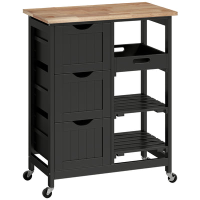 HOMCOM Rolling Kitchen Island Cart, Bar Serving Cart, Compact Trolley on Wheels with Wood Top, Shelves & Drawers for Home Dining Area, Black 