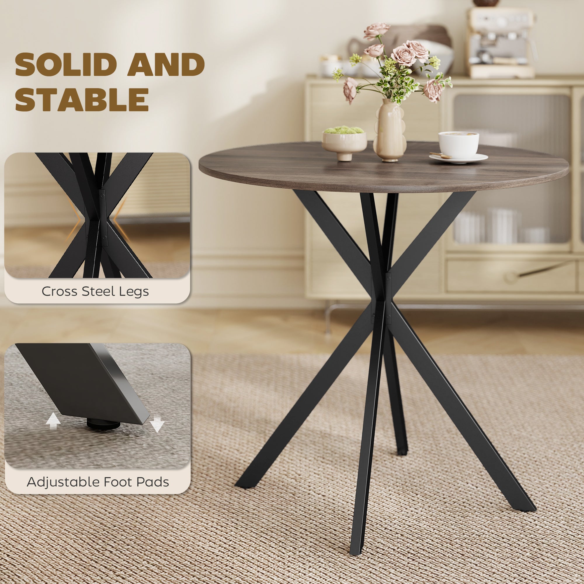 HOMCOM 80cm Industrial Round Dining Table - Brown 