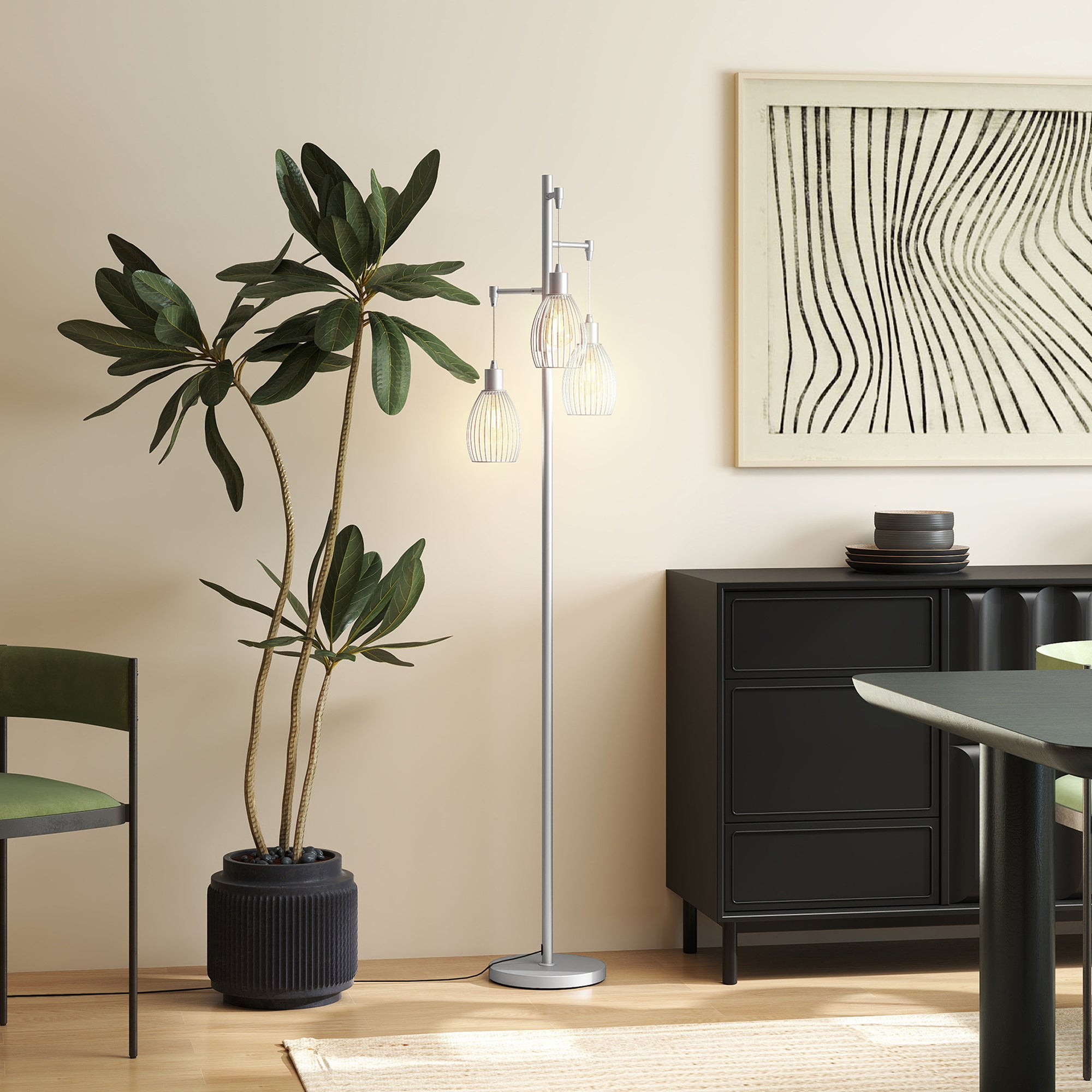 HOMCOM 3-Light Floor Lamp, 170cm Industrial Dimmable Standing Lamp with Steel Wire Cage Lampshades for Living Room, Bedroom, Dining Room, Study, Silver Tone