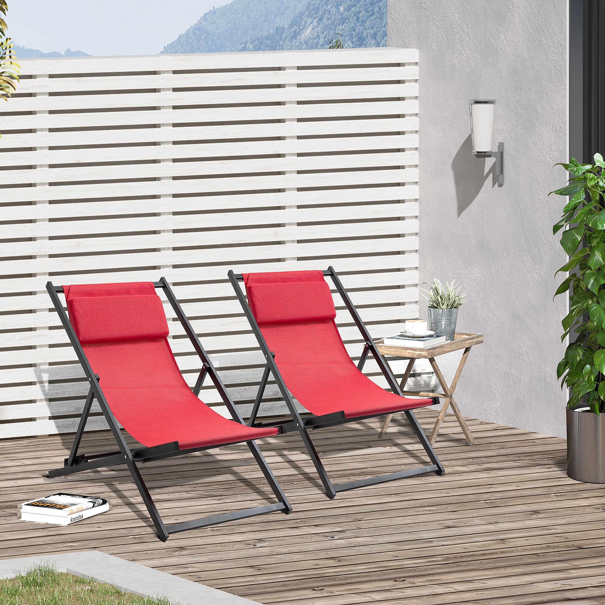 Outsunny Set of 2 Folding Garden Beach Aluminium Frame Deck Chairs Deckchairs Seaside Folding Garden Patio Lounger, Red 