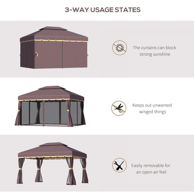 Outsunny 3 x 4m Aluminium Garden Gazebo, Marquee Canopy Shelter Pavilion Party Tent with Nets and Curtains for Garden and Deck, Coffee 