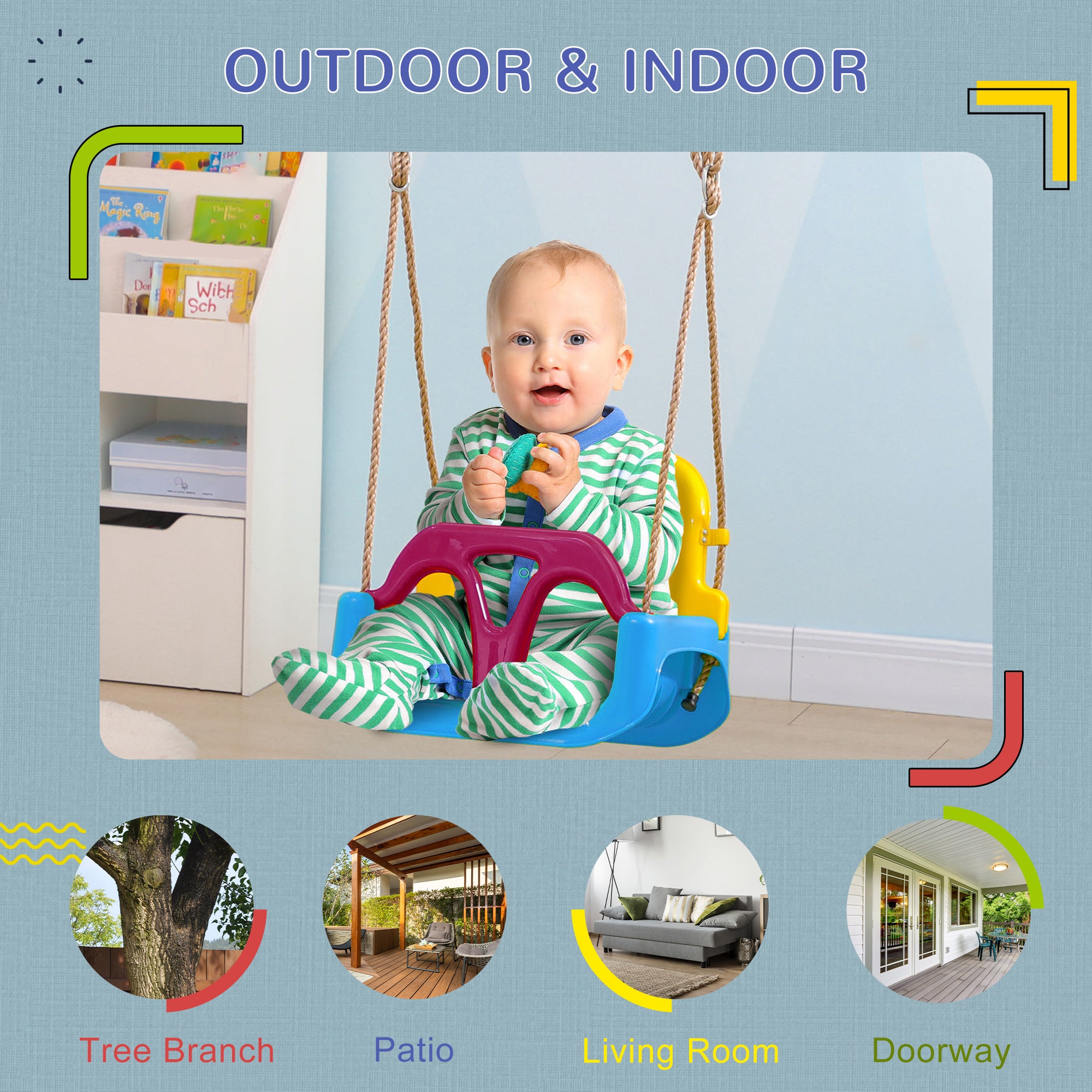 Outsunny 3 in 1 Detachable Kids Swing Seat with Seatbelt, Adjustable Rope for Indoor, Outdoor, Light Blue 