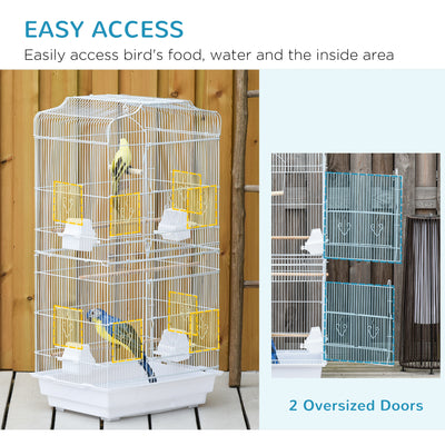 PawHut Large Metal Bird Cage with Perches, Food Bowls, Swing for Budgie, Parakeet, 46.5 x 35.5 x 92cm,White 