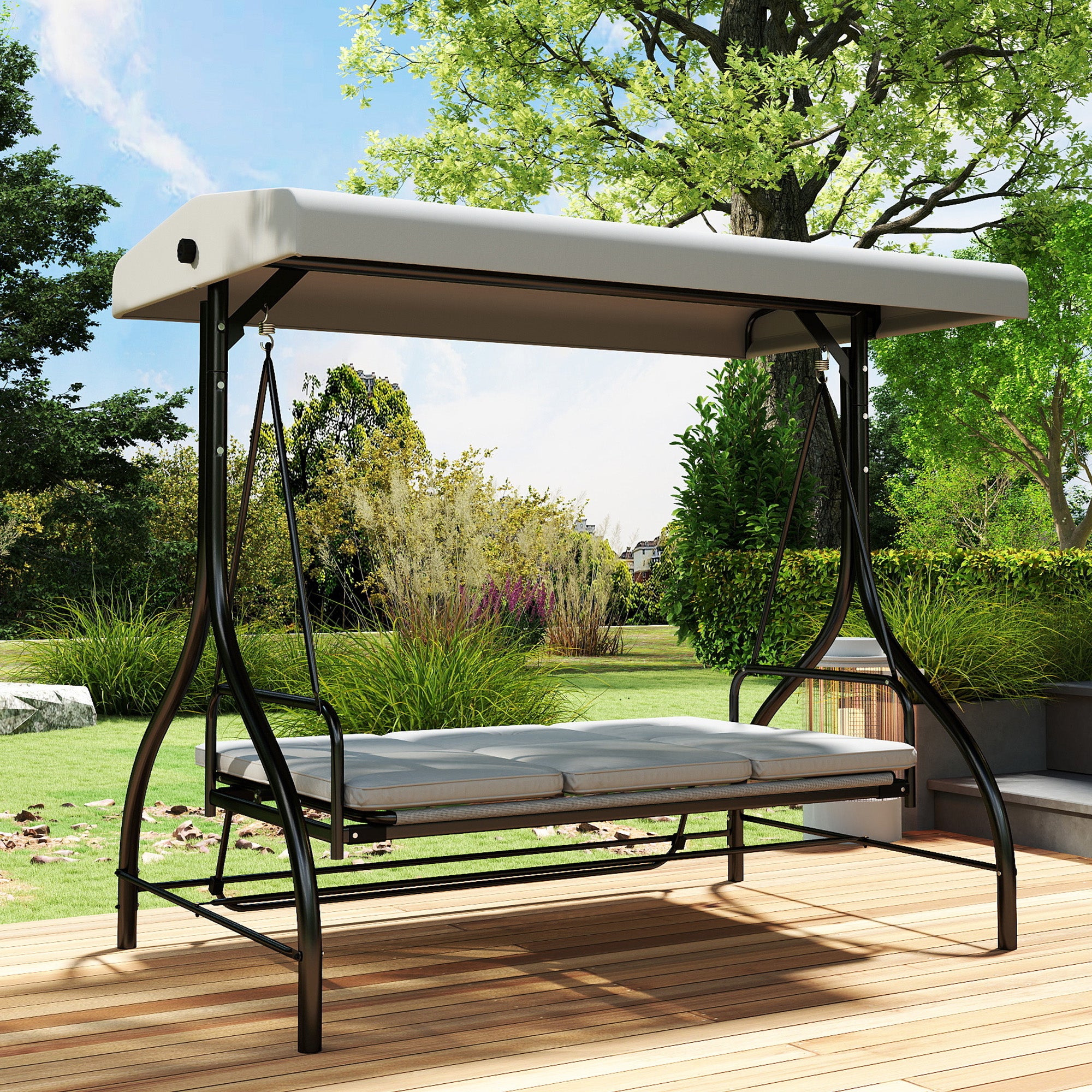 Outsunny 3 Seater Canopy Swing Chair, 2 in 1 Garden Swing Seat Bed, with Adjustable Canopy and Metal Frame, Light Grey 