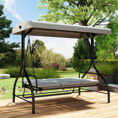 Outsunny 3 Seater Canopy Swing Chair, 2 in 1 Garden Swing Seat Bed, with Adjustable Canopy and Metal Frame, Light Grey 