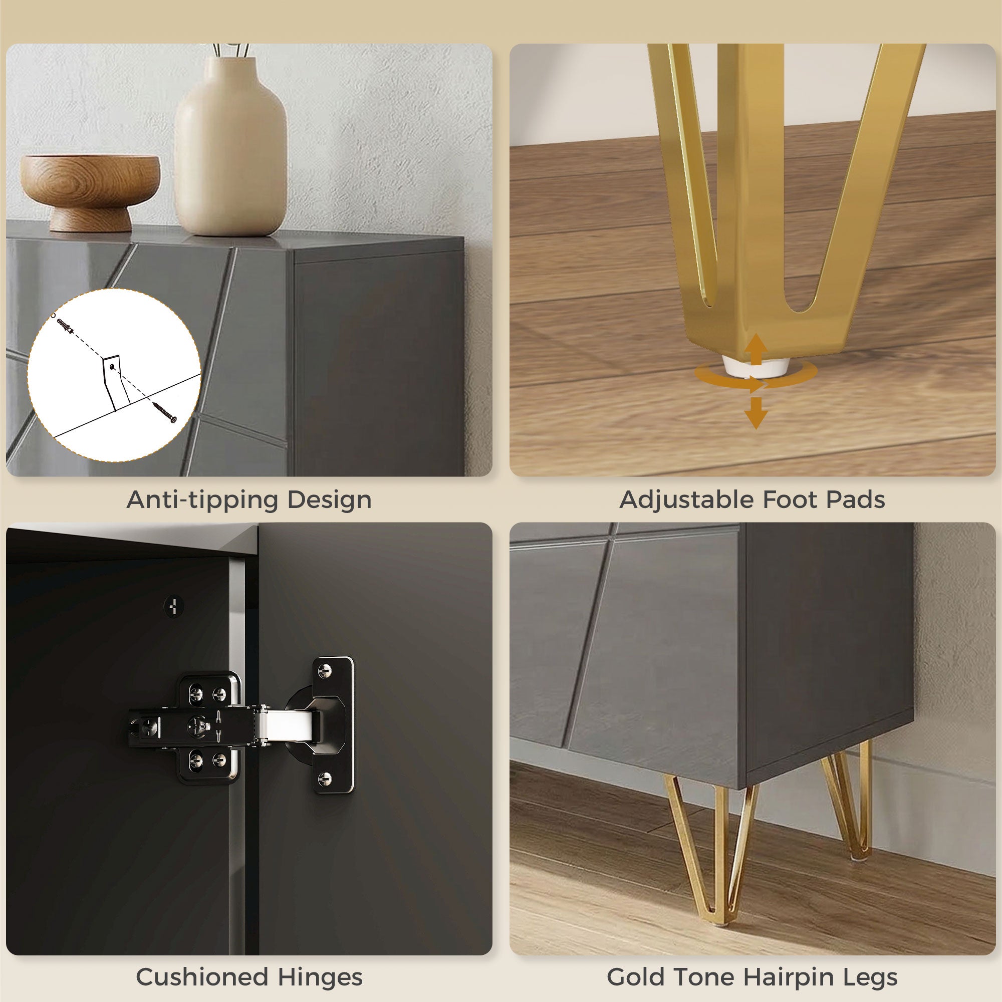 HOMCOM Modern Luxe High Gloss Sideboard, with Hairpin Legs, Grey 