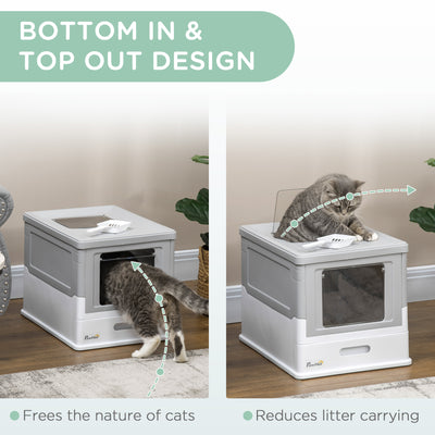 PawHut Hooded Cat Litter Box, Portable Pet Toilet, with Scoop, Front Entry - Grey 
