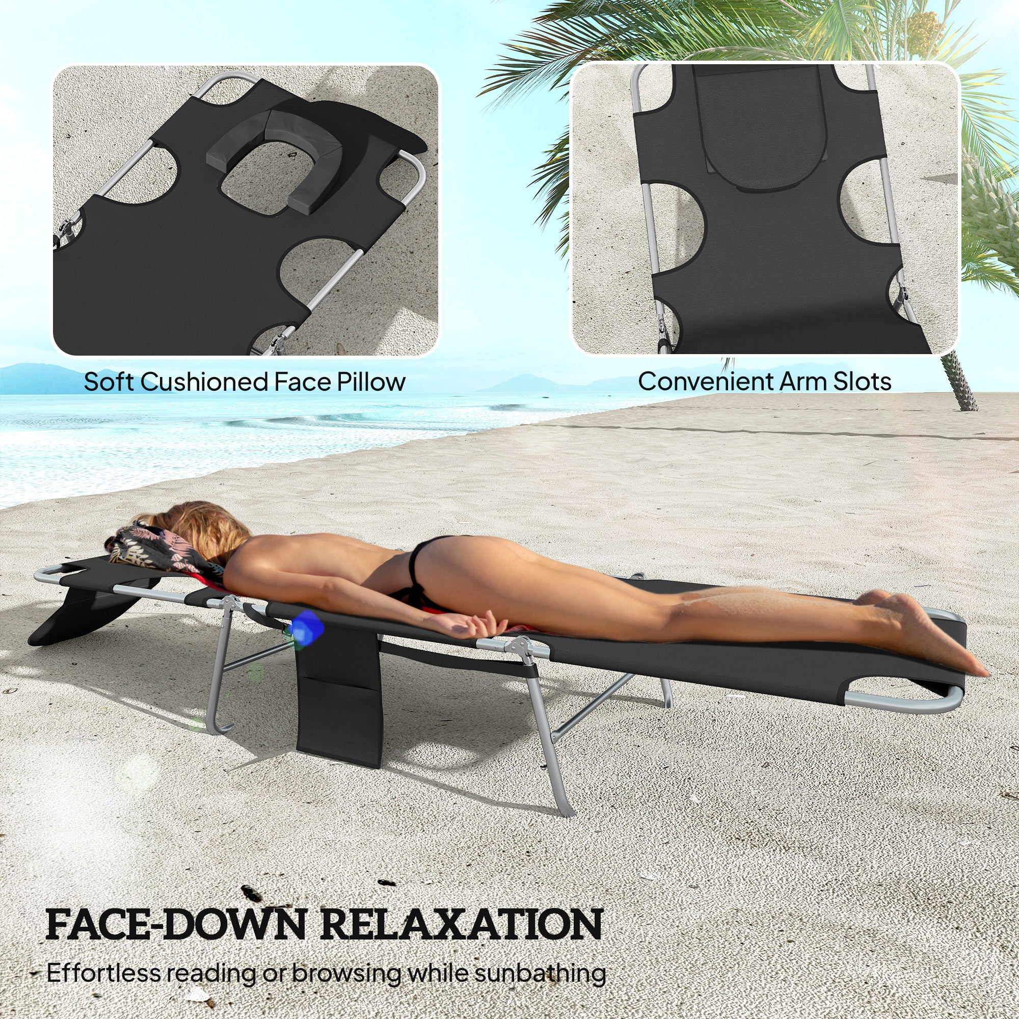 Outsunny 5-Position Adjustable Sun Loungers Set of 2 with Reading Hole and Side Pocket, Black 
