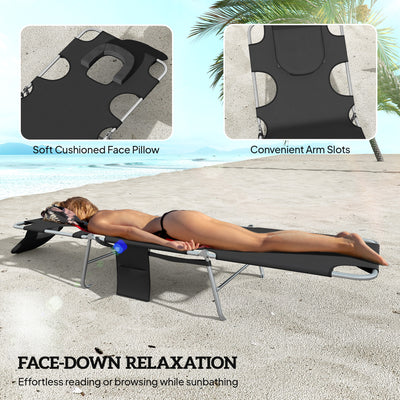 Outsunny 5-Position Adjustable Sun Loungers Set of 2 with Reading Hole and Side Pocket, Black 