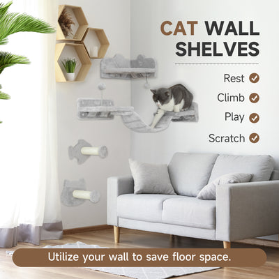 PawHut 4-Piece Cat Wall Shelves with Steps, Ladder, Jumping Platforms, Light Grey 