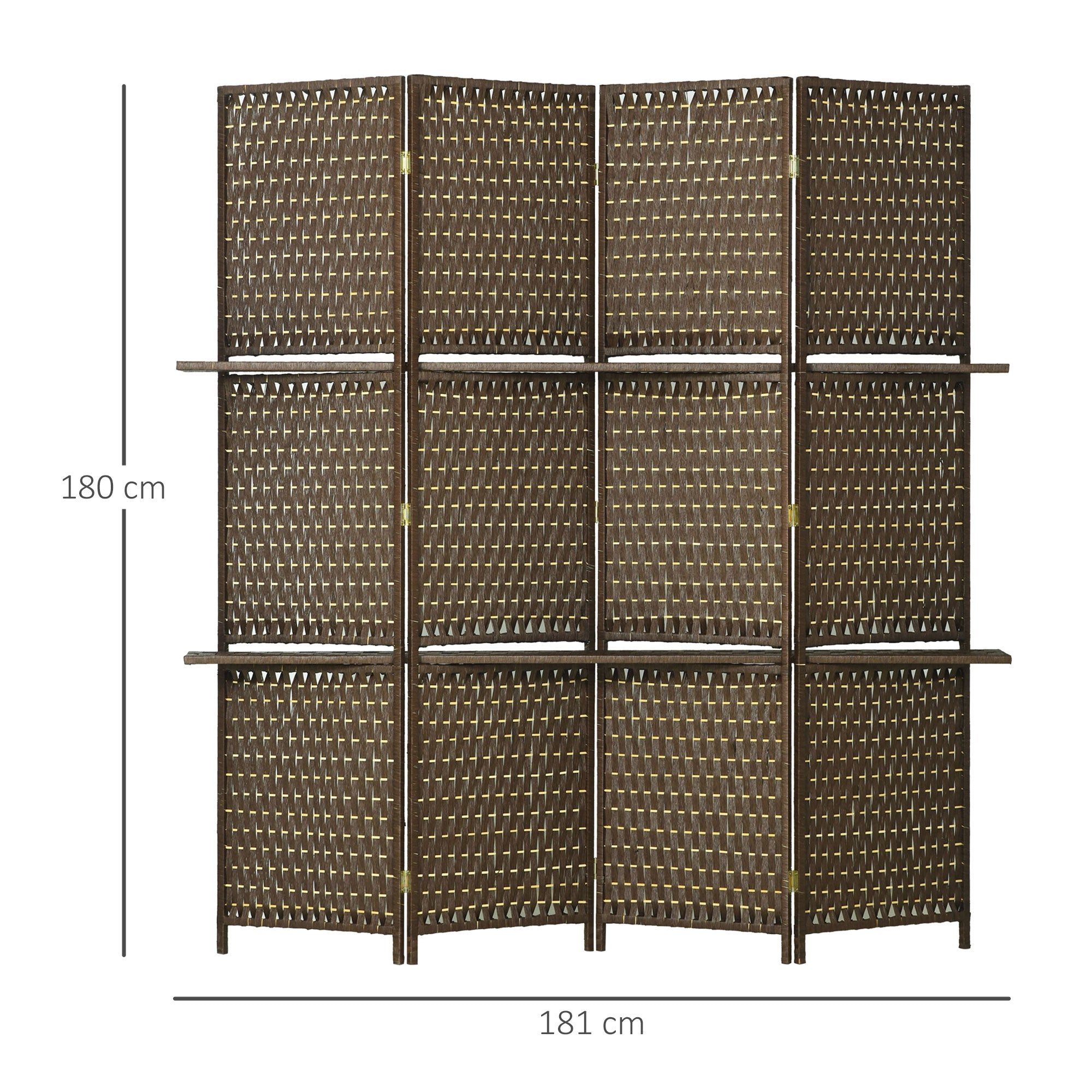 HOMCOM 4-Panel Room Dividers with Shelves, Wave Fibre Freestanding Folding Privacy Screen Panels, Partition Wall Divider for Indoor Bedroom Office, 180\'c2\'a0cm, Brown 