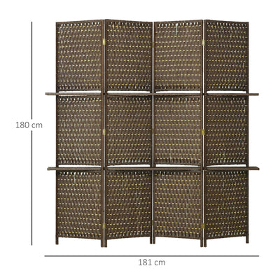 HOMCOM 4-Panel Room Dividers with Shelves, Wave Fibre Freestanding Folding Privacy Screen Panels, Partition Wall Divider for Indoor Bedroom Office, 180\'c2\'a0cm, Brown 