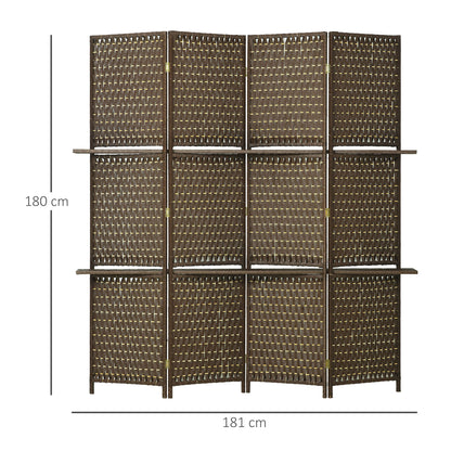 HOMCOM 4-Panel Room Dividers with Shelves, Wave Fibre Freestanding Folding Privacy Screen Panels, Partition Wall Divider for Indoor Bedroom Office, 180\'c2\'a0cm, Brown 