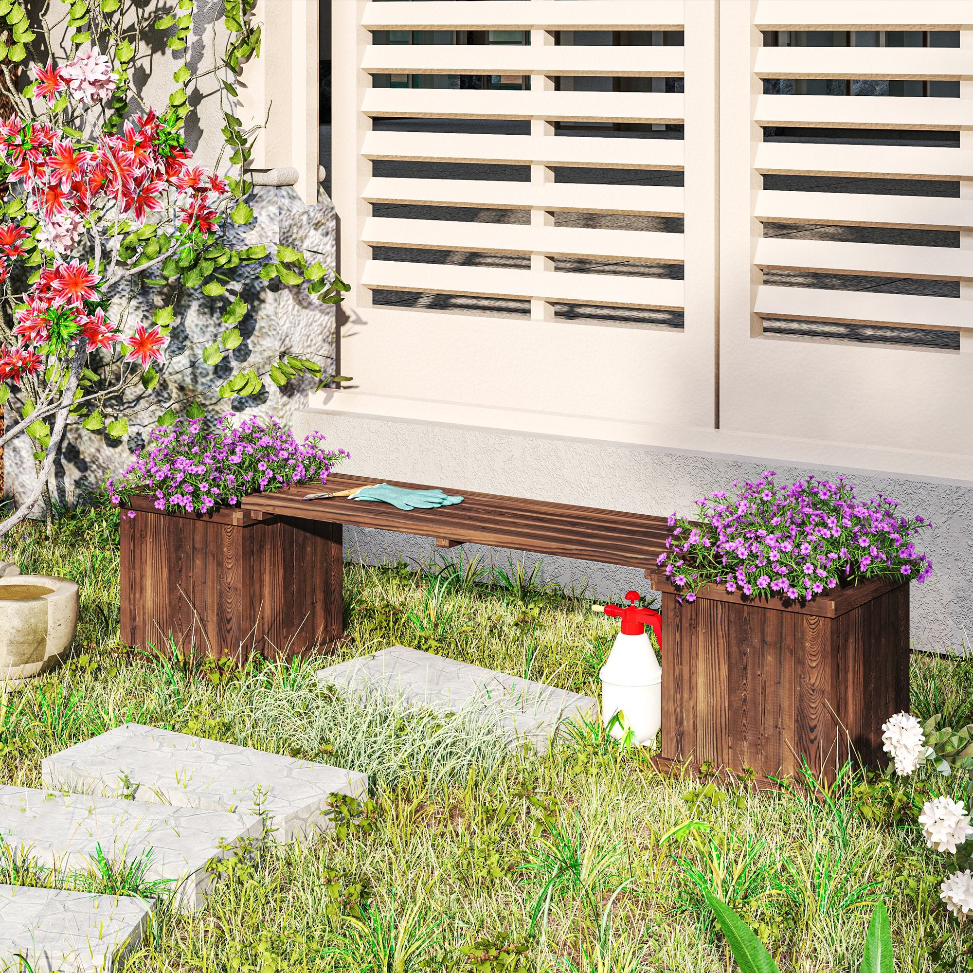 Outsunny Wooden Garden Planter & Bench Combination Garden Raised Bed Patio Park Carbonised Finish 176 x 38 x 40 cm 