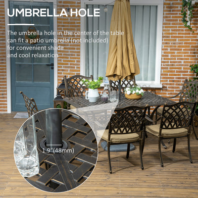 Outsunny 7 PCs Garden Patio Dining Set with Parasol Hole, Cast Aluminium Outdoor Furniture Set with Six Cushioned Chairs and Rectangle Dining Table, for Garden, Lawn, Deck, Bronze Tone 