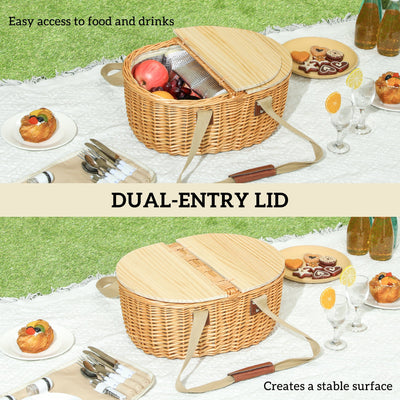 Outsunny Wicker Picnic Basket for 2 with Pine Wood Lid, Picnic Hamper with Cooler Compartment, Cutlery Service Kits, Carry Handle for Camping, Outdoor, Valentine Day, Chirtmas, Birthday, Light Brown 