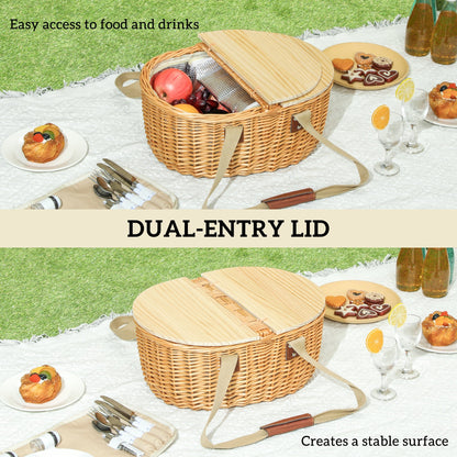 Outsunny Wicker Picnic Basket for 2 with Pine Wood Lid, Picnic Hamper with Cooler Compartment, Cutlery Service Kits, Carry Handle for Camping, Outdoor, Valentine Day, Chirtmas, Birthday, Light Brown 