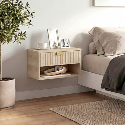HOMCOM Set of 2 Wall Mounted Nightstands, Floating Bedside Tables with Fluted Drawer and Open Shelf for Small Bedroom, Oak 