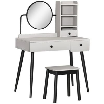 HOMCOM Dressing Table Set with Mirror and Stool, Vanity Makeup Table with 3 Drawers and Open Shelves for Bedroom, Living Room, Grey 