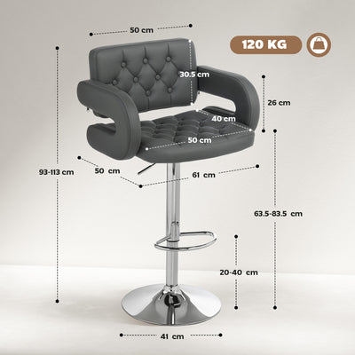 HOMCOM PU Leather Upholstered Swivel Bar Stool, Height Adjustable with Back, Armrest, Footrest, Grey 