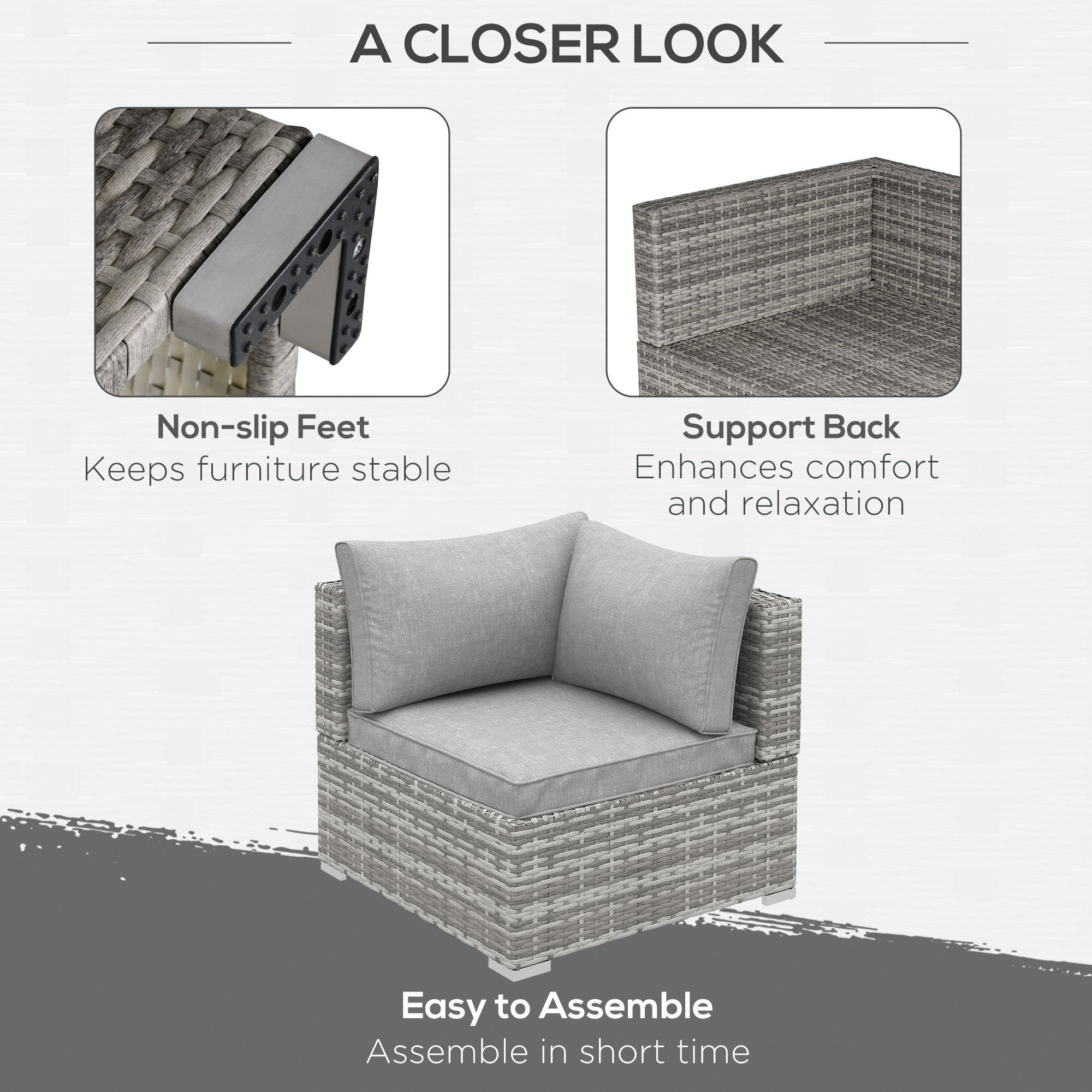 Outsunny Outdoor PE Rattan Corner Sofa, Garden Wicker Furniture Single Sofa Chair w/ Cushions, Light Grey 