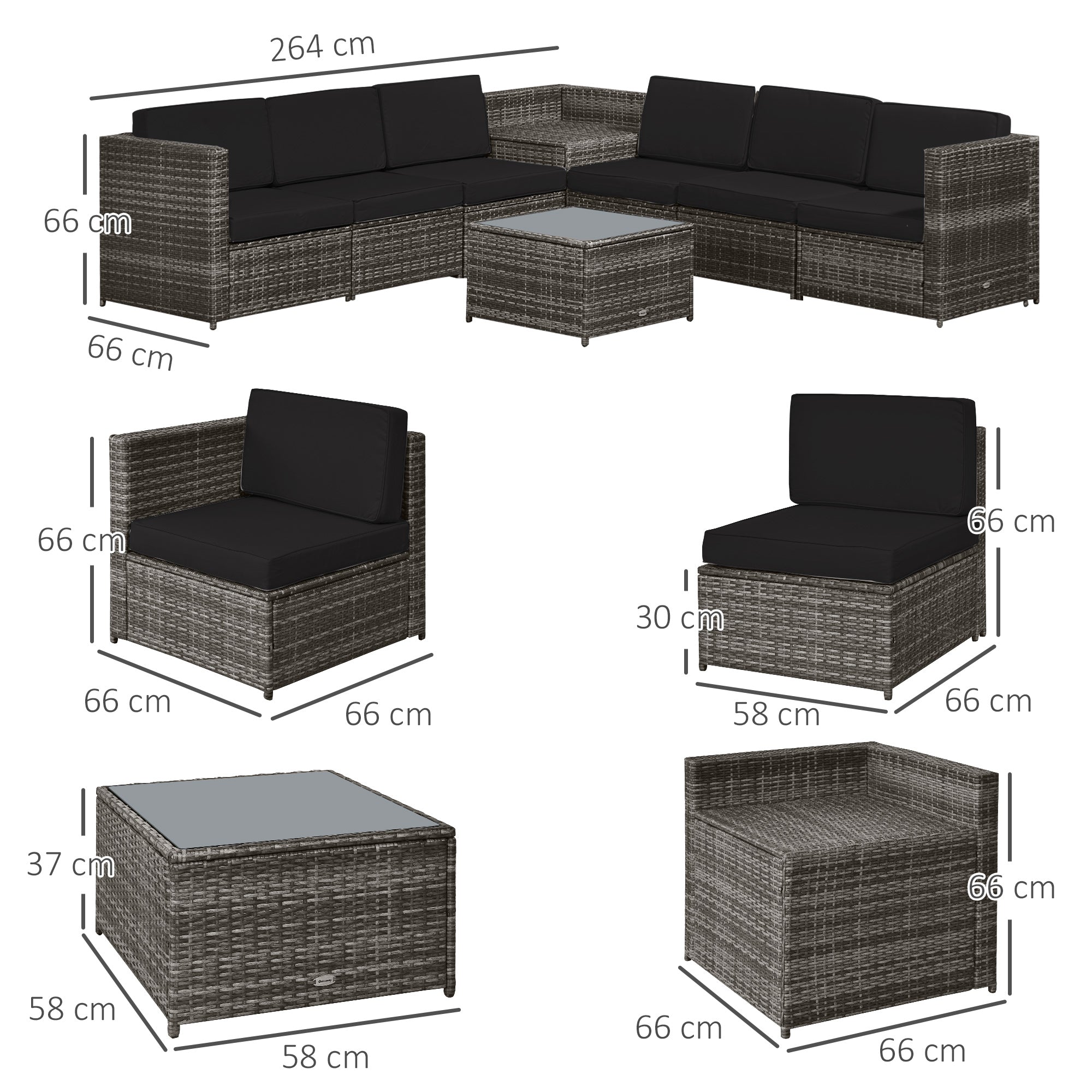 Outsunny 6-Seater Rattan Sofa Furniture Set W/ Cushions, Steel Frame-Grey 