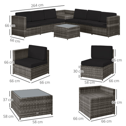 Outsunny 6-Seater Rattan Sofa Furniture Set W/ Cushions, Steel Frame-Grey 