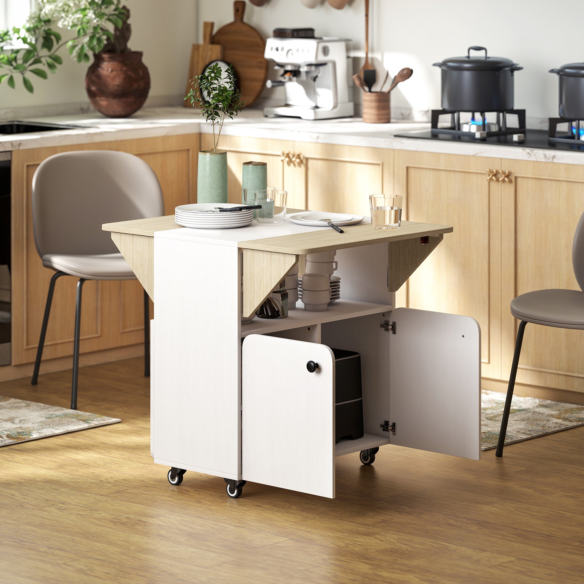HOMCOM Folding Dining Table, Rolling Drop Leaf Table with Hidden Shelf & Cabinet for Dining Room, Small Spaces, White 