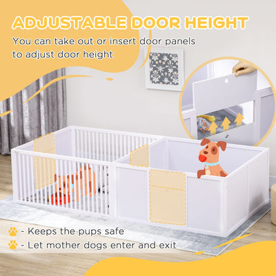 PawHut 7 Panels Playpen with 3 Doors for Baby Dogs, Two-Room Design Puppy Whelping Box - White 