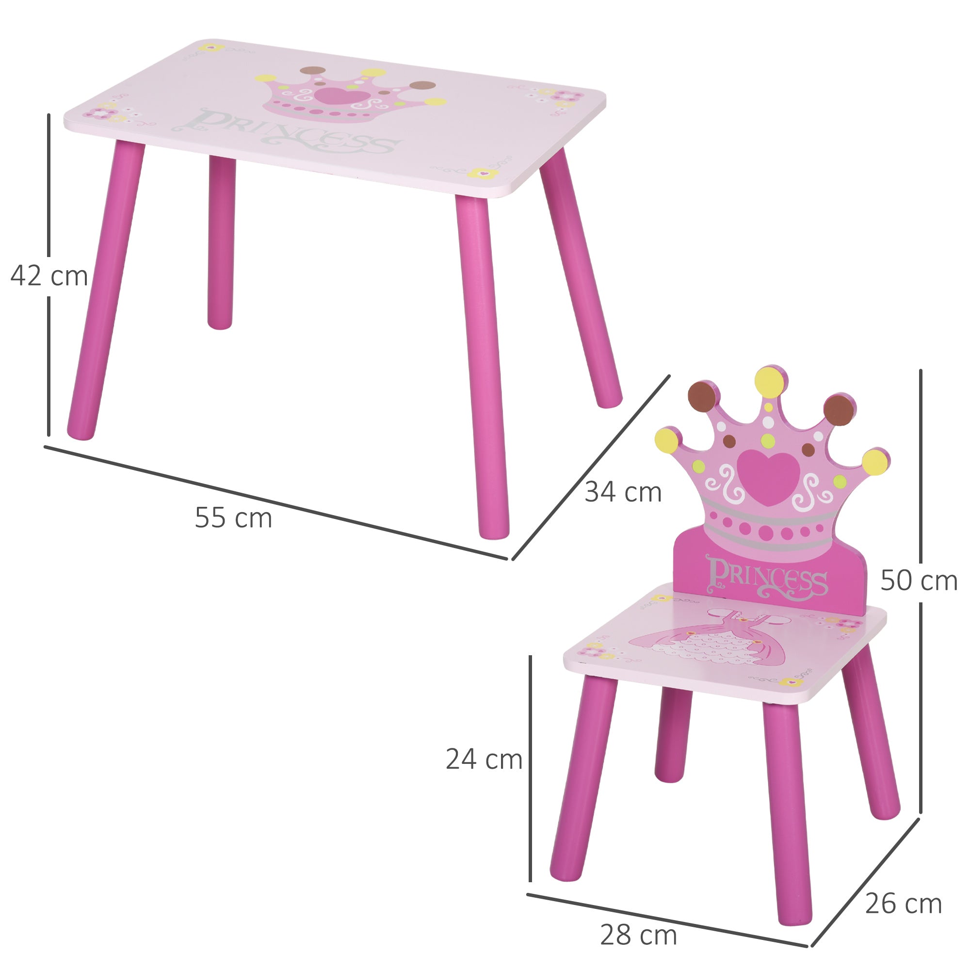 HOMCOM 3 Pcs Kids and Table Chair Set Princess & Crown Theme Home Furniture Pretty Gift 2-4 Years Pink 