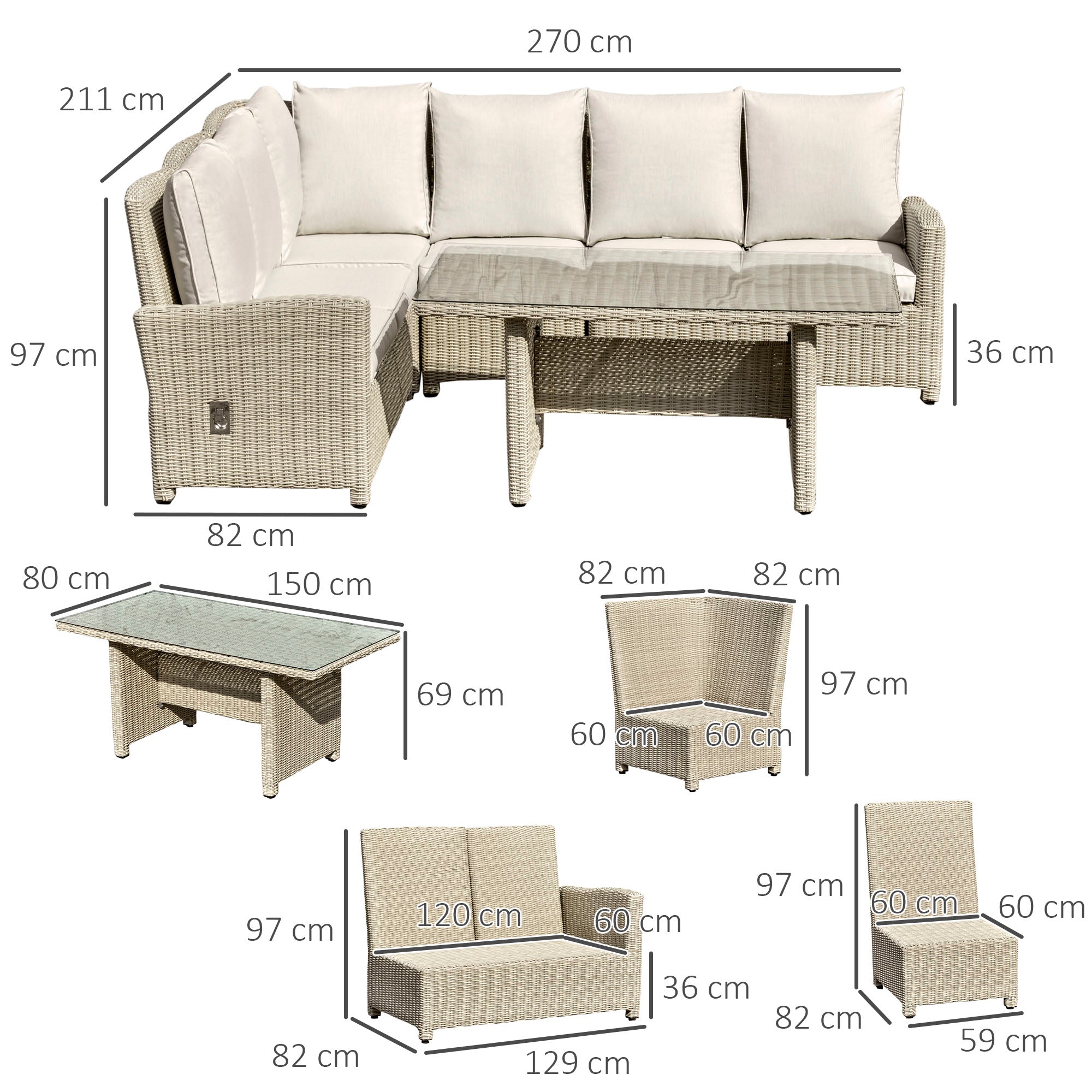 Outsunny 5 PCS Reclining PE Rattan Garden Dining Set Bonzer Patio Furniture w/ Sofa Chairs Glass Table, Olefin Cushions Adjustable Feet Stylish Lounge Conversation 