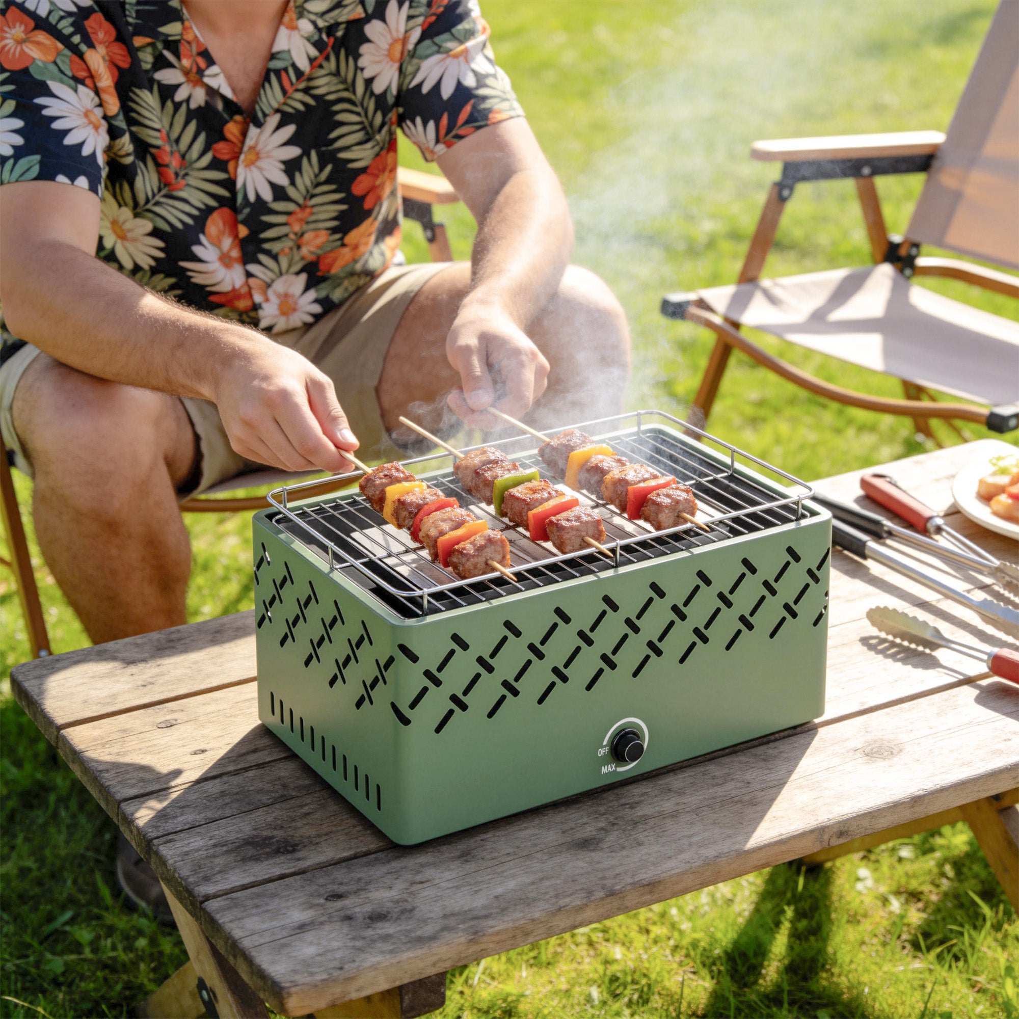 Outsunny Portable Charcoal BBQ Grill, Battery Powered Barbecue Grill with Built-in Fan for Camping Picnic, Light Green 