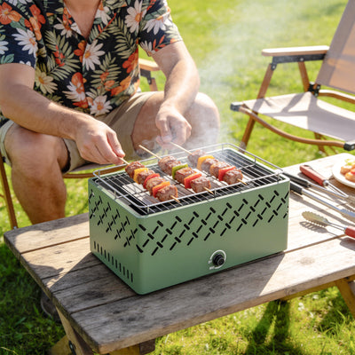 Outsunny Portable Charcoal BBQ Grill, Battery Powered Barbecue Grill with Built-in Fan for Camping Picnic, Light Green 