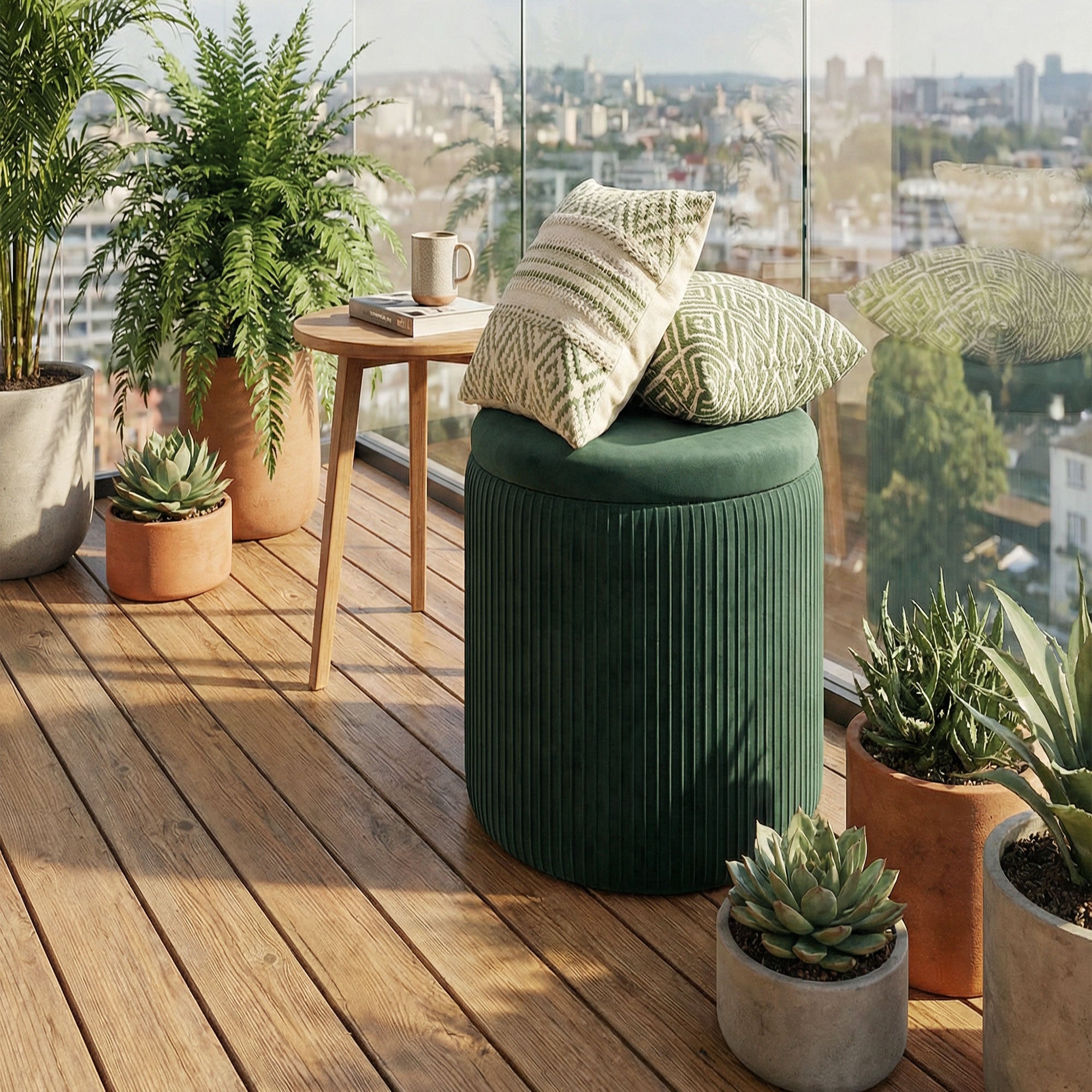 HOMCOM Storage Ottoman Modern Velvet Round Foot Stool for Living Room Bedroom 45 cm Dark Green 