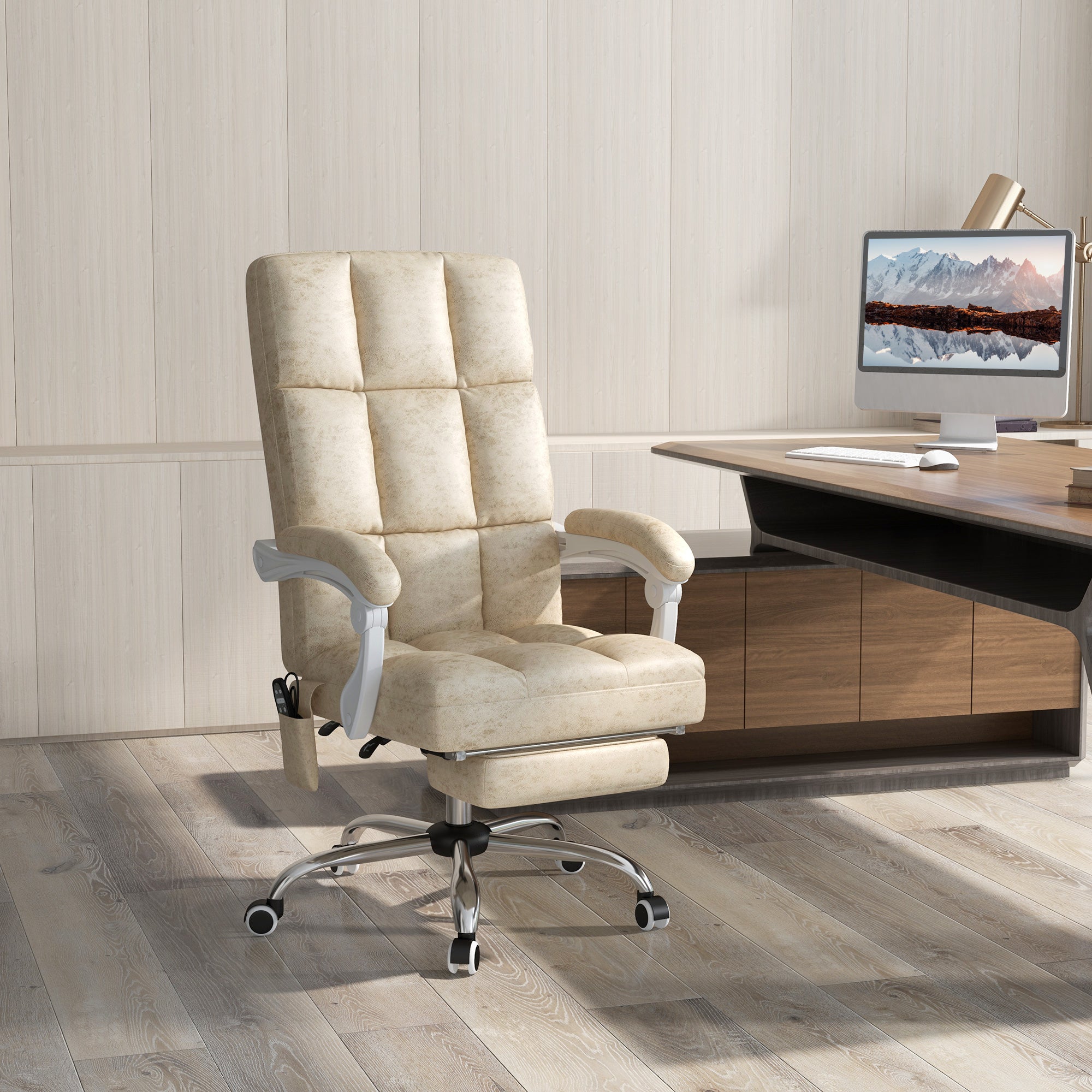 Vinsetto Massage Office Chair, Ergonomic Desk Chair, Comfy Work Study Chair with Heat, Padded Seat, 135\'c2\'b0 Reclining Back and Footrest for Home Office, Beige