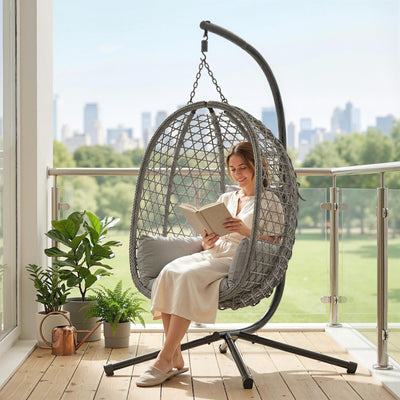 Outsunny Hanging Egg Chair, Indoor Outdoor Rattan Hammock Swing Chair with Stand, Safety Strap, Foldable Basket, Dark Grey 