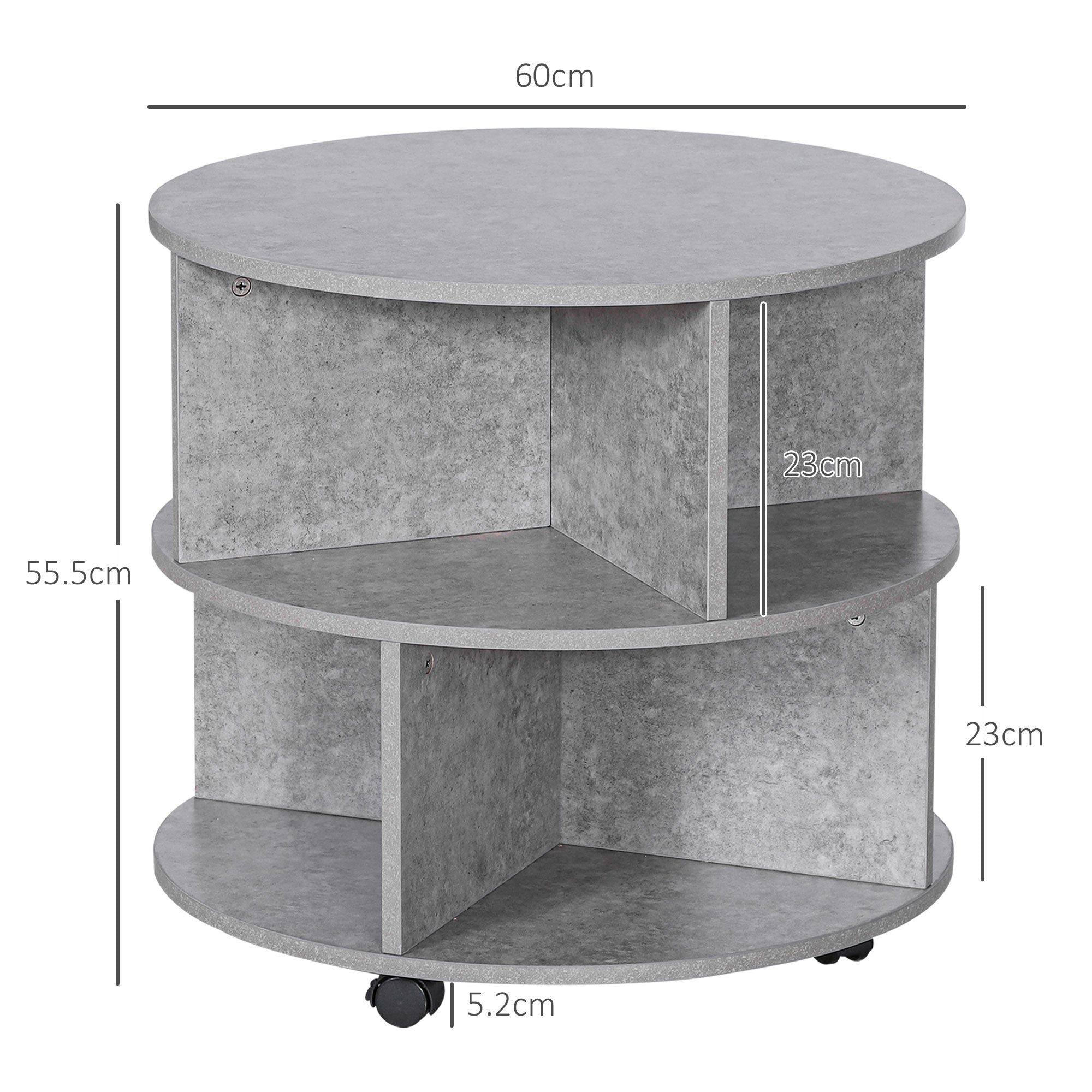 HOMCOM Round Coffee Table with Wheels, 3-Tier Rolling Side Table for Living Room with Divided Shelves, Cement Colour 