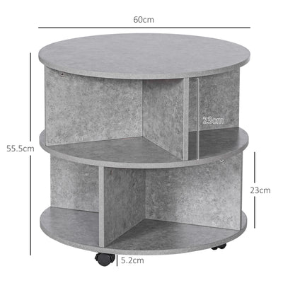 HOMCOM Round Coffee Table with Wheels, 3-Tier Rolling Side Table for Living Room with Divided Shelves, Cement Colour 