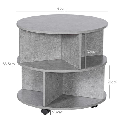 HOMCOM Round Coffee Table with Wheels, 3-Tier Rolling Side Table for Living Room with Divided Shelves, Cement Colour 