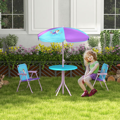 Outsunny Kids Picnic Table and Chair Set, Fairy Themed Outdoor Garden Furniture w/ Foldable Chairs, Adjustable Parasol 