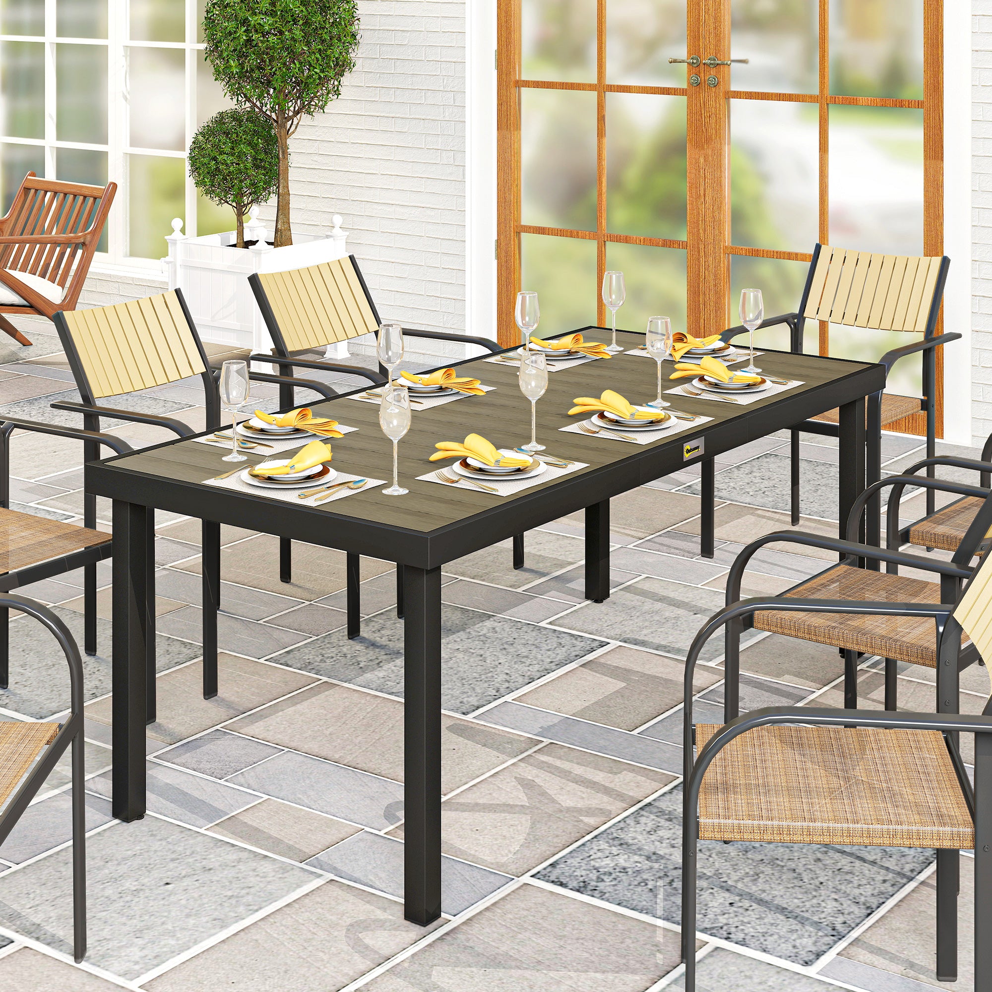 Outsunny Aluminium Outdoor Garden Dining Table for 8 People, Faux Wood Top, for Garden, Patio, 190 x 90 x 74cm, Brown 
